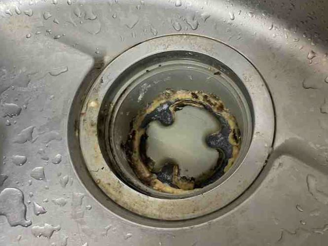 排水溝のワントラップが油で汚れてる