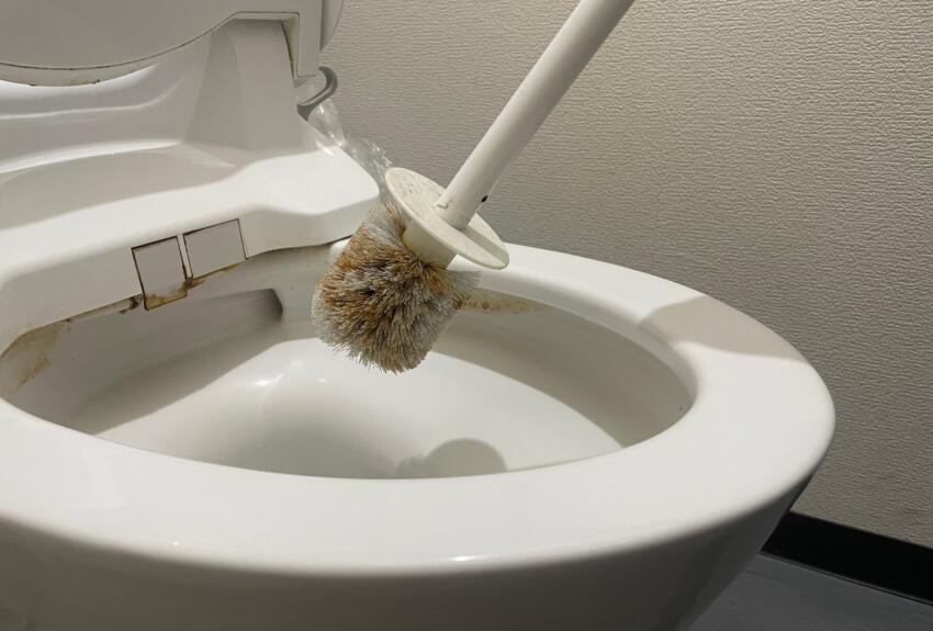 トイレブラシで便器内をこすり落とす